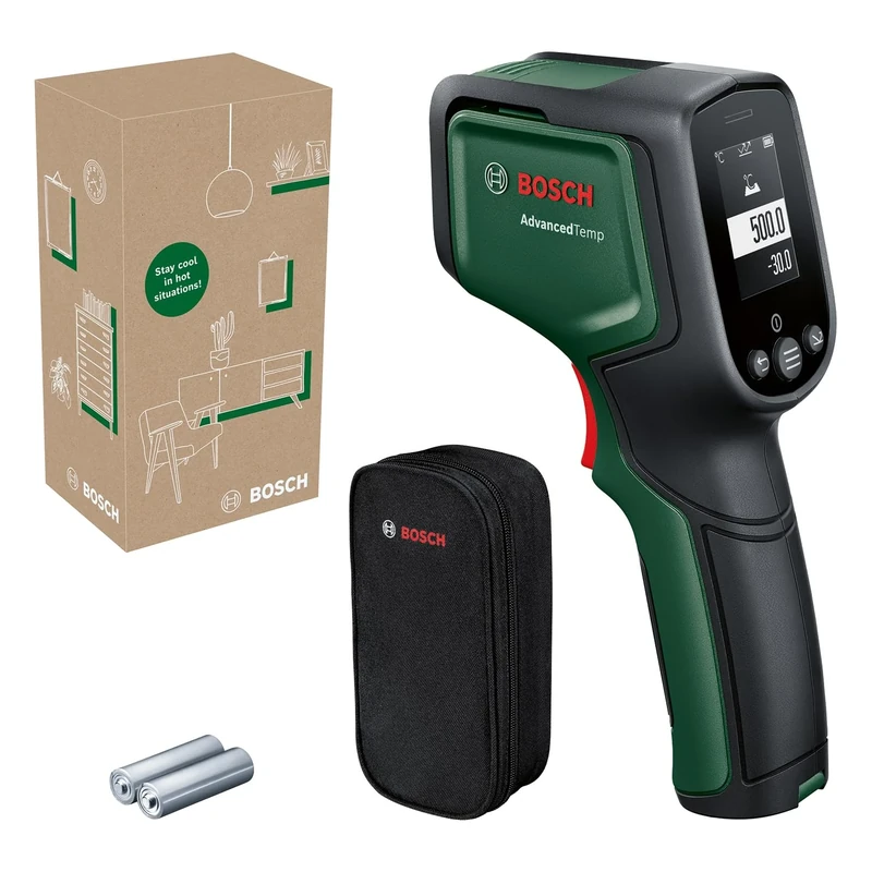 Bosch infrared thermometer AdvancedTemp (-30°C...+500°C, identify surface or ambient temperatures and humidity to identify heat bridges or mould, in E-Commerce cardboard box)