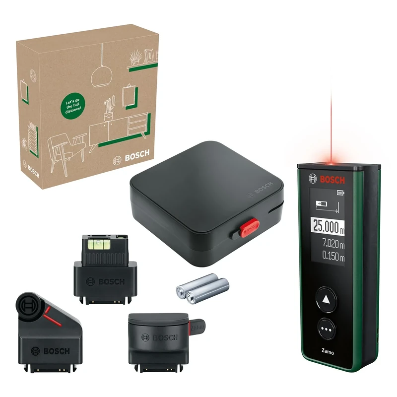 Bosch laser measure Zamo 4th gen. with 3 attachements (easy & precise measurement up to 25m, rechargeable batteries via USB-C®, with attachment function, in E-Commerce cardboard box)