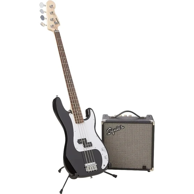 Squier by Fender Affinity Series Precision Bass Guitar Pack, Maple fingerboard, includes Gig Bag & Fender Rumble 15 Bass Amp, Black, Comes with Free Virtual Lessons