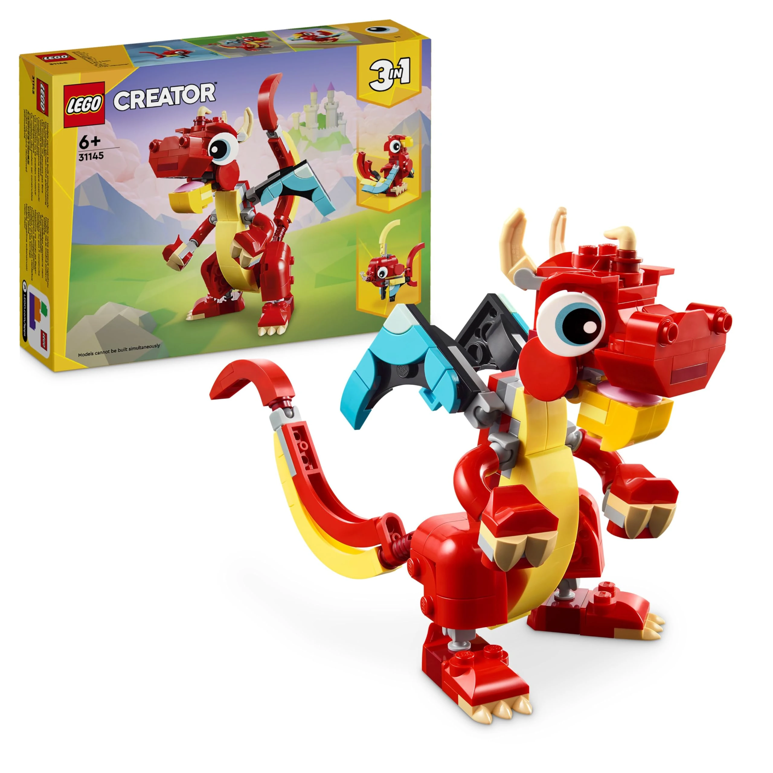 LEGO Creator 3in1 Red Dragon Toy to Fish Figure to Phoenix Bird Model, Animal Figures Set, Gifts for 6 Plus Year Old Boys, Girls and Kids 31145
