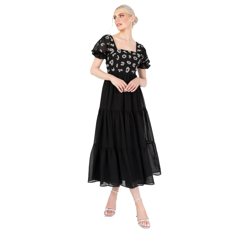 Lovedrobe Women's Midaxi Dress Ladies Animal Sequin Embellished Short Puff Sleeve Square Neck A-line for Evening Party Cocktail, Black, 24