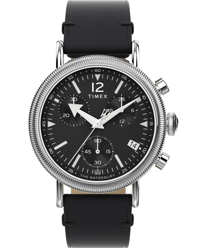 Timex Men's Waterbury Chronograph 40 mm Watch - Black Leather Two-Piece Quick Release Strap Black Dial Silver-Tone Case TW2W20600