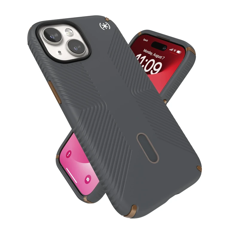 Speck iPhone 15 Case - ClickLock No-Slip Interlock, Built for MagSafe, Drop Protection Grip - for iPhone 15 iPhone 14 iPhone 13-6.1 Inch Phone Case - Presidio2 Grip Charcoal Grey/Cool Bronze/White
