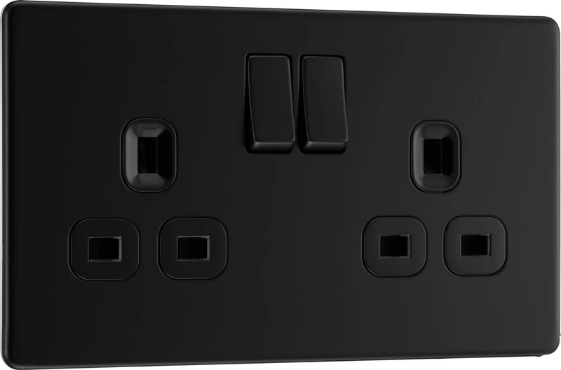 BG Electrical Double Switched Power Plug Wall Socket, Flatplate Screwless, Matt Black, 13A, FFB22B
