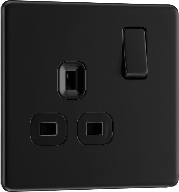 BG Electrical Single Switched Power Plug Wall Socket, Screwless Front Plate, Slim Profile, Premium Flatplate, Matt Black, 13A, FFB21B