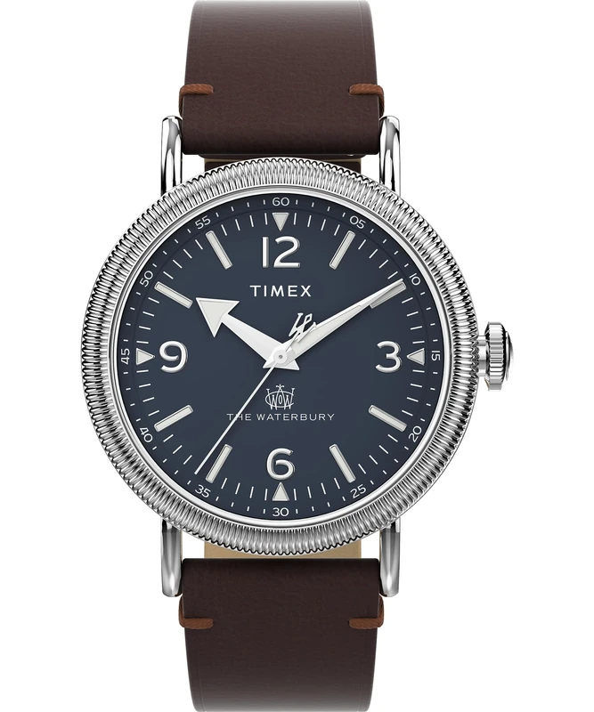 Timex Men's Waterbury 40 mm Watch - Brown Leather Two-Piece Quick Release Strap Blue Dial Silver-Tone Case TW2W20400