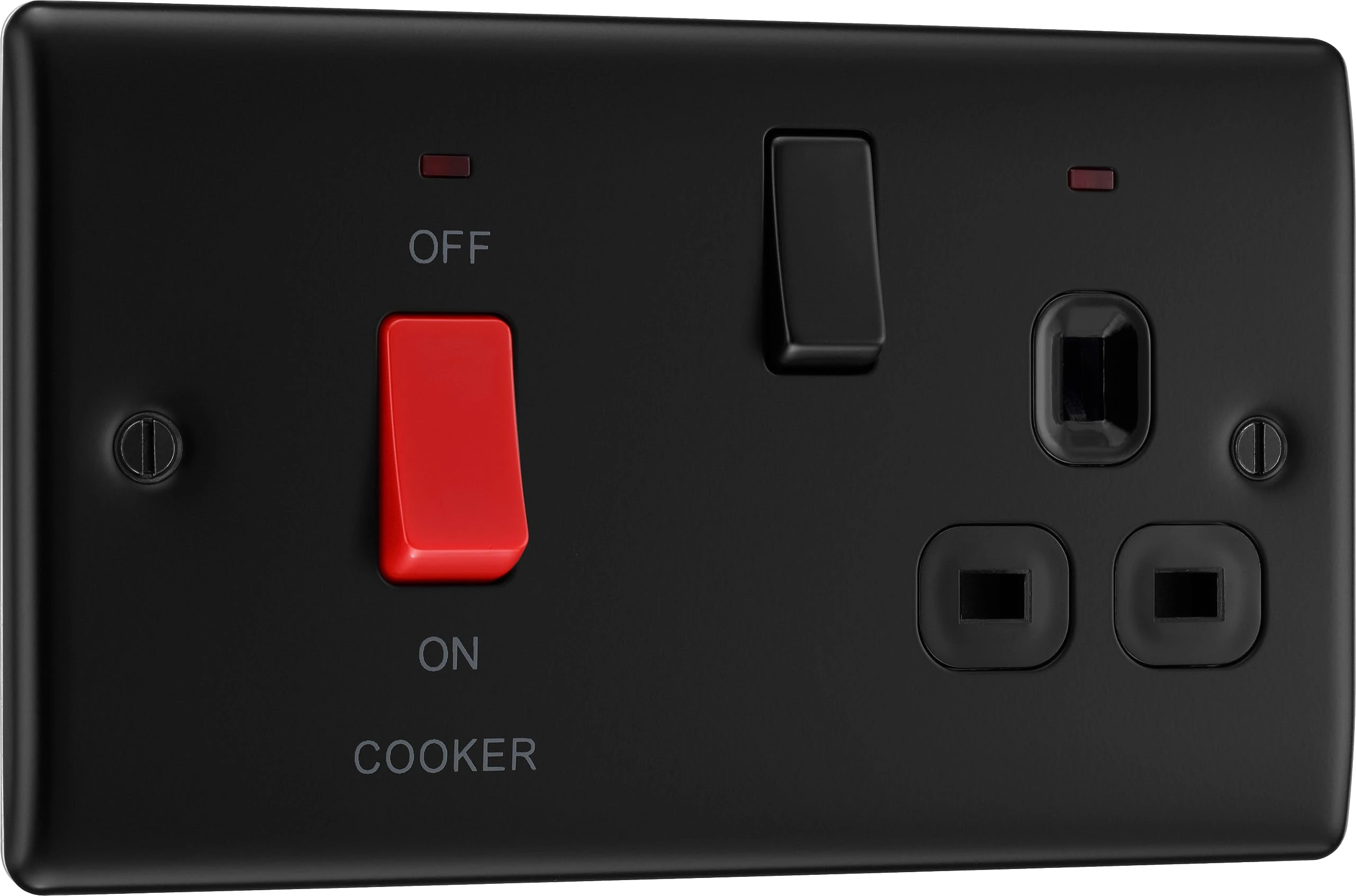 BG Electrical Cooker Switch with Socket and LED, Cooker Control Unit, Control Socket, Double Pole, Raised Profile, Round Edges, Nexus Metal, Matt Black, 45A, NFB70B