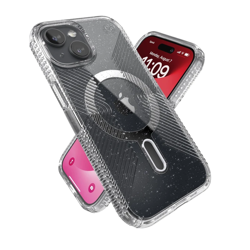 Speck iPhone 15 Case - ClickLock No-Slip Interlock, MagSafe Compatible, Drop Protection Grip - for iPhone 15, iPhone 14, iPhone 13-6.1 Inch Phone Case - Presidio Lux Grip Clear/Platinum Glitter