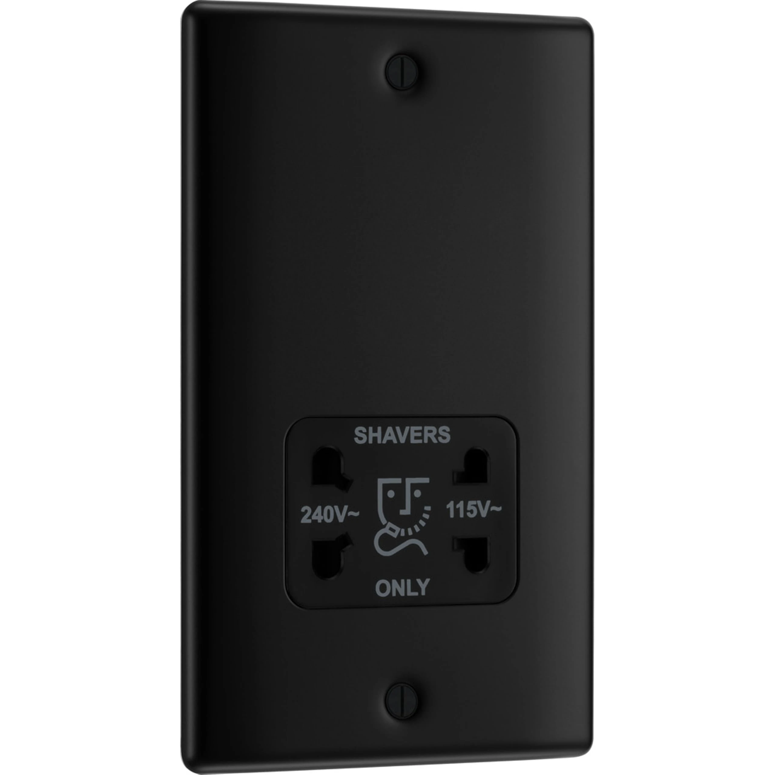 BG Electrical Dual Voltage Shaver Plug Socket, Electric Toothbrush Charger Socket, Bathroom, Raised and Slim Profile, Round Edges, Nexus Metal, 2-Pin, Matt Black,115V / 240V, NFB20B