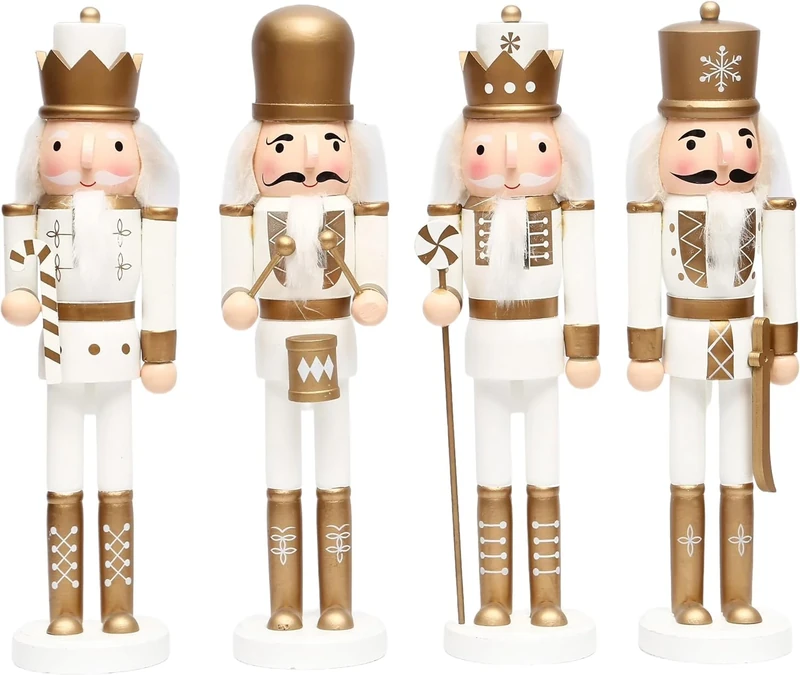 SHATCHI 36cm Gold/White Wooden Christmas Nutcrackers - 4pcs Set - Soldiers King Drummer Puppet Figurines Home Decoration Ornament