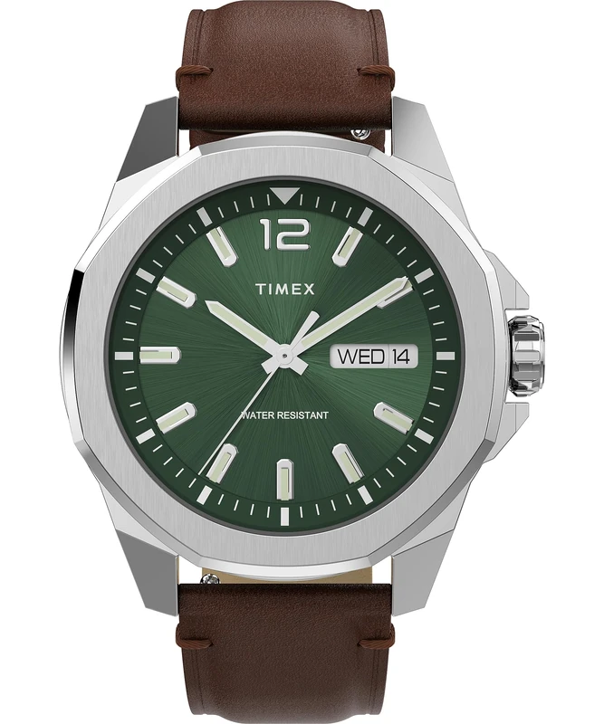 Timex Men's Trend 46 mm Watch - Brown Leather Two-Piece Quick Release Strap Green Dial Silver-Tone Case TW2W14000