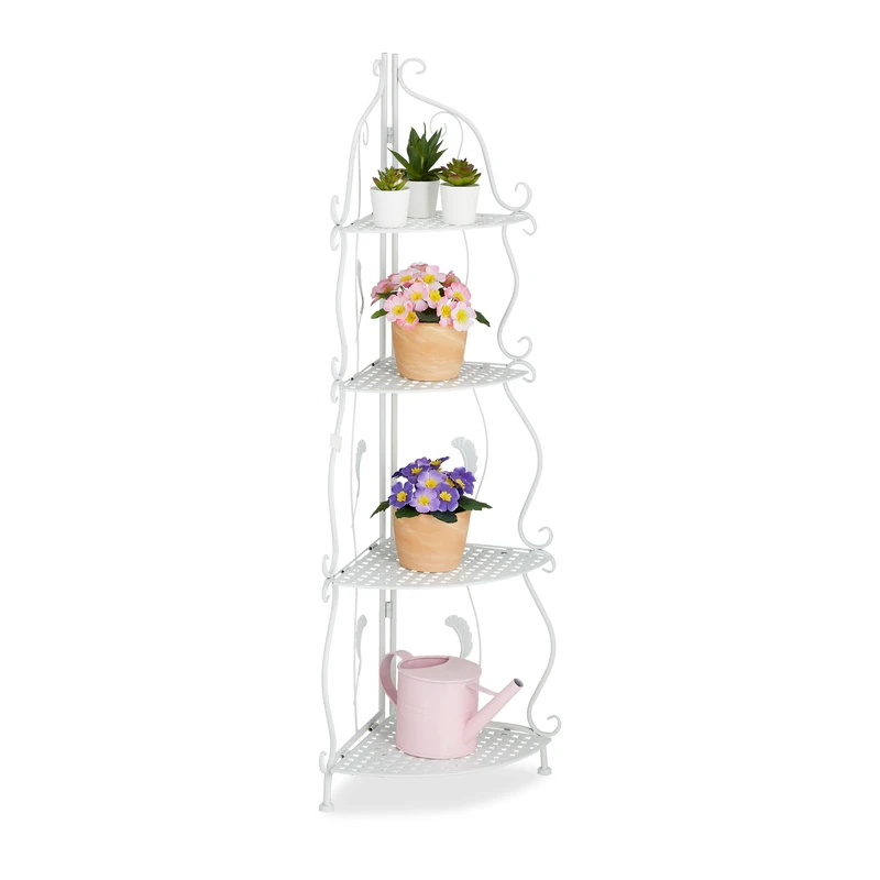 Relaxdays Corner Shelf, Metal, 4 Compartments, Flower, Plant Stand, Foldable, HxWxD: 113 x 30 x 30 cm, Vintage, White, Steel