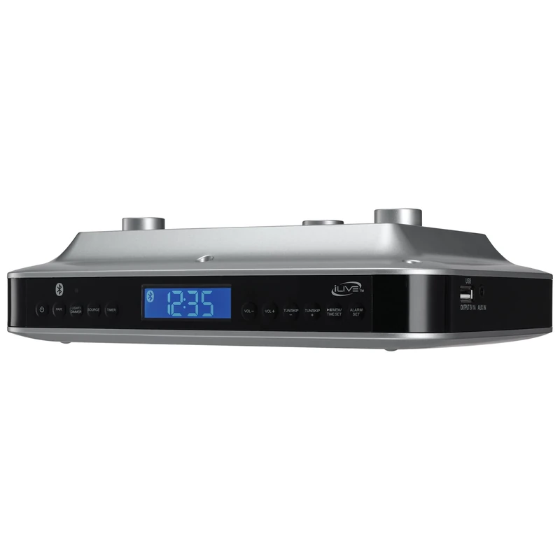 iLive Under Cabinet Music System with Built in Stereo Speakers and FM Radio/USB Port Supports MP3 Files, Aux Port, Bluetooth, Clock and Timer with LCD Display Enjoy Your Kitchen with Style - Image 1