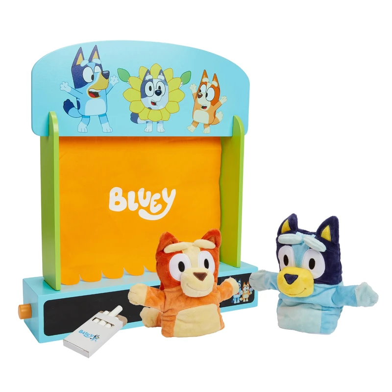 Bluey Wooden Puppet Theater Playset - FSC-Certified Wood, Includes 2 Hand Puppets, Chalk & Curtain, Eco-Friendly Toy for Kids 3+, Compact & Easy to Store, Inspires Imagination & Storytelling