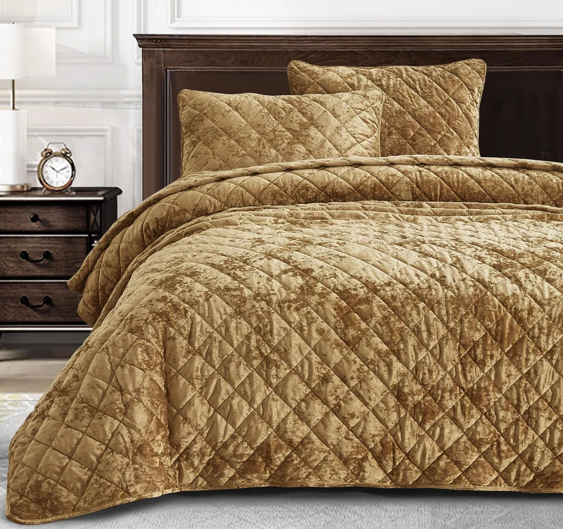 Chezmoi Collection Lux Caramel Gold Velvet Quilt Queen Set, 3-Piece Lush Plush Distressed Velvet Bedding All Season Lightweight Comforter Brushed Microfiber Reverse with Diamond Stitch Quilting