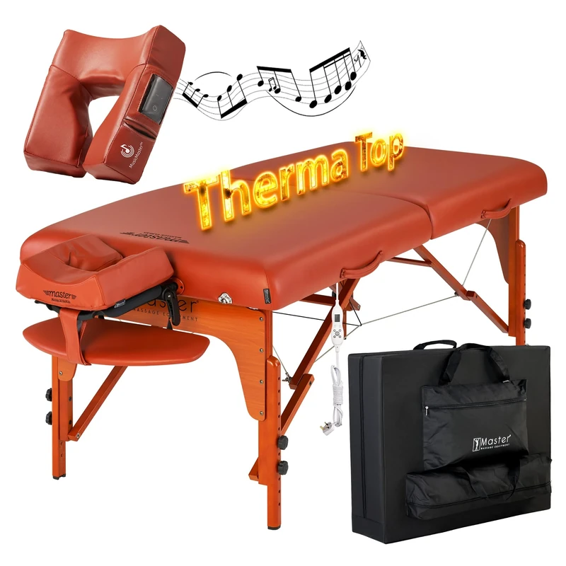 Master Massage 71cm Santana Wider Heating Top Portable Massage Table W/Bluetooth Music Face Cushion Massage Couch Foldable Beauty Bed Lash Bed Spa Couch (UK Plug), Cinnamon