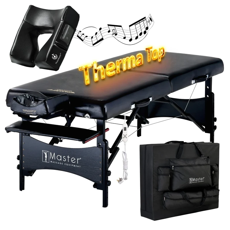 Master Massage 71cm Galaxy WIDER Heating Top Portable Massage Table W/Bluetooth Music Face Cushion Massage Couch Foldable Beauty Bed Lash Bed Spa Couch Physiotherapy bed(UK Plug), Black Nano