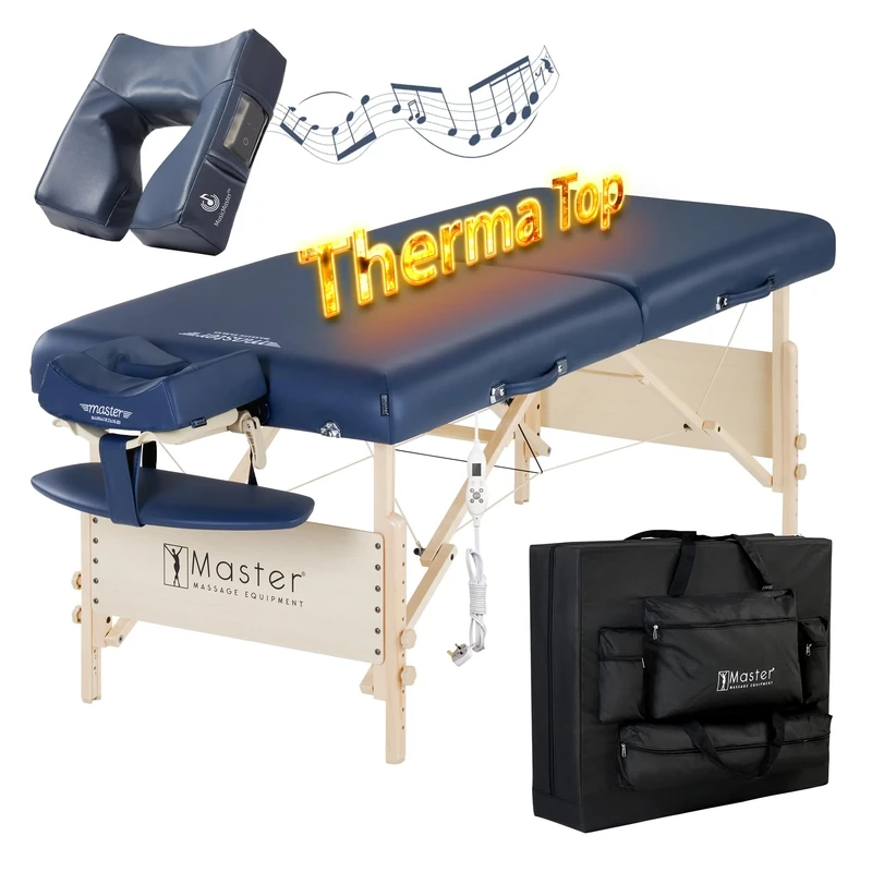 Master Massage 76cm Coronado Wider Heating Top Portable Massage Table W/Bluetooth Music Face Cushion Massage Couch Foldable Beauty Bed Lash Bed Spa Couch Physiotherapy Bed(UK Plug), Royal Blue
