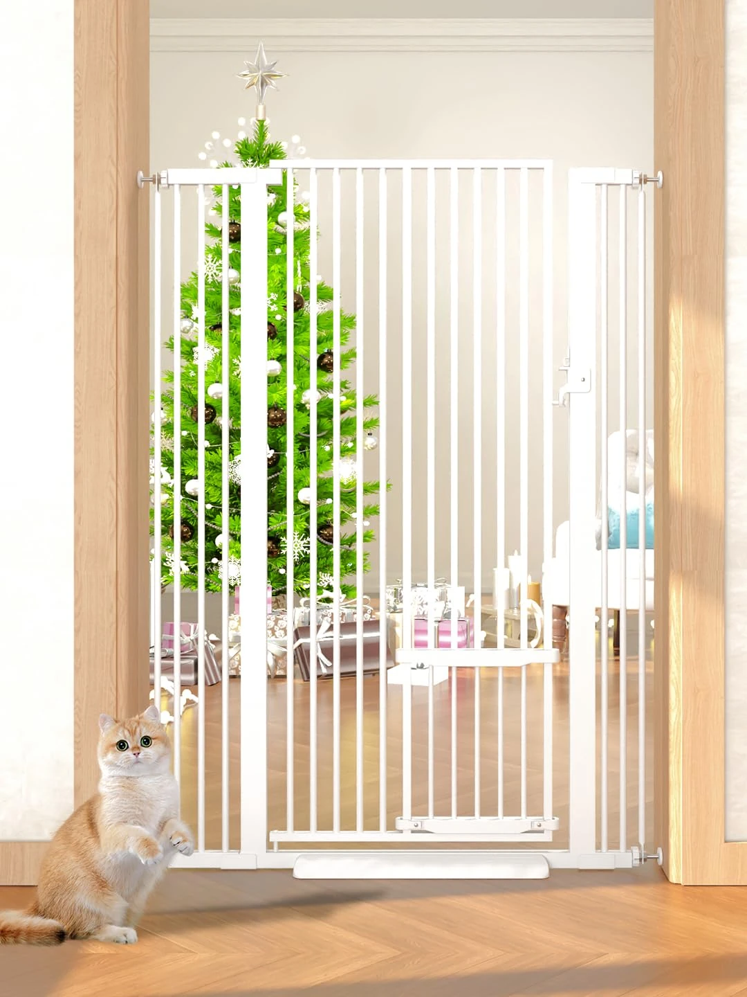 55.11" Extra Tall Cat Gate 29.5-40.6 Wide Pat Gate with Small Cat Door Safety Pet Gate NO Drilling Pressure Mount Kit for Cats and Dogs Indoor Doorways liveing Room Bedroom