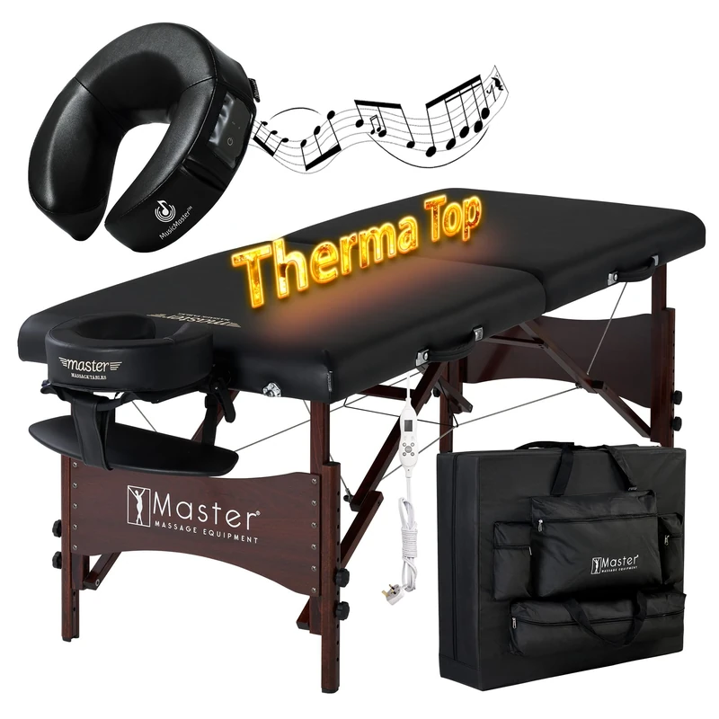 Master Massage 71cm Roma Therma Top Bluetooth Music Face Cushion Wood Lightweight Portable Massage Table Massage Couch W/Built in Heating Pad Beauty Bed Lash Bed Spa Table, Black(UK Plug)
