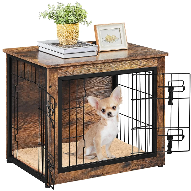 Yaheetech Indoor Dog Crate Furniture End Table with Cushion & Double Doors for Puppies Chihuahuas, Yorkshires, Pomeranians, Small Dog Cage ，69x51x61 cm, Rustic Brown