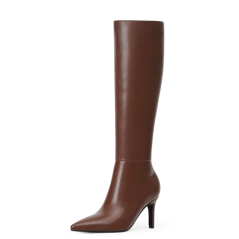Easyfox Knee High Boots Women Pointed Toe Tall Boots 3 In Stiletto High Heel Long Boots Side Zipper Dress Knee High Boots, Brown, 6 UK