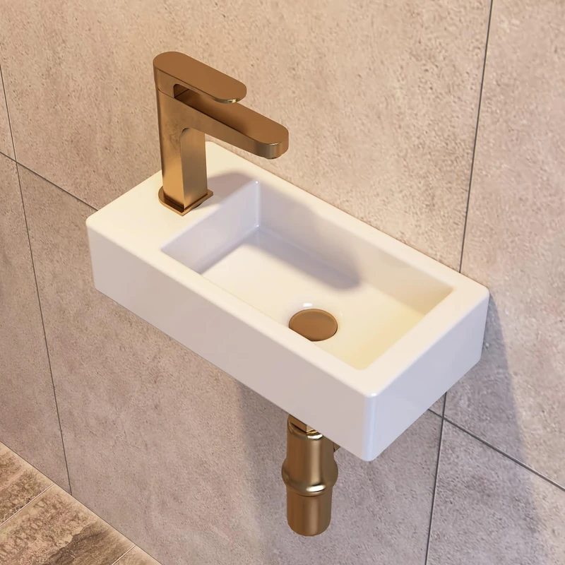 Wall Mount Bathroom Sink, DeerValley Small Rectangle Bathroom Basin, Cloakroom Ceramic Wash Basin Without Overflow - 37 x 18 x 9cm (White, Left Hand)
