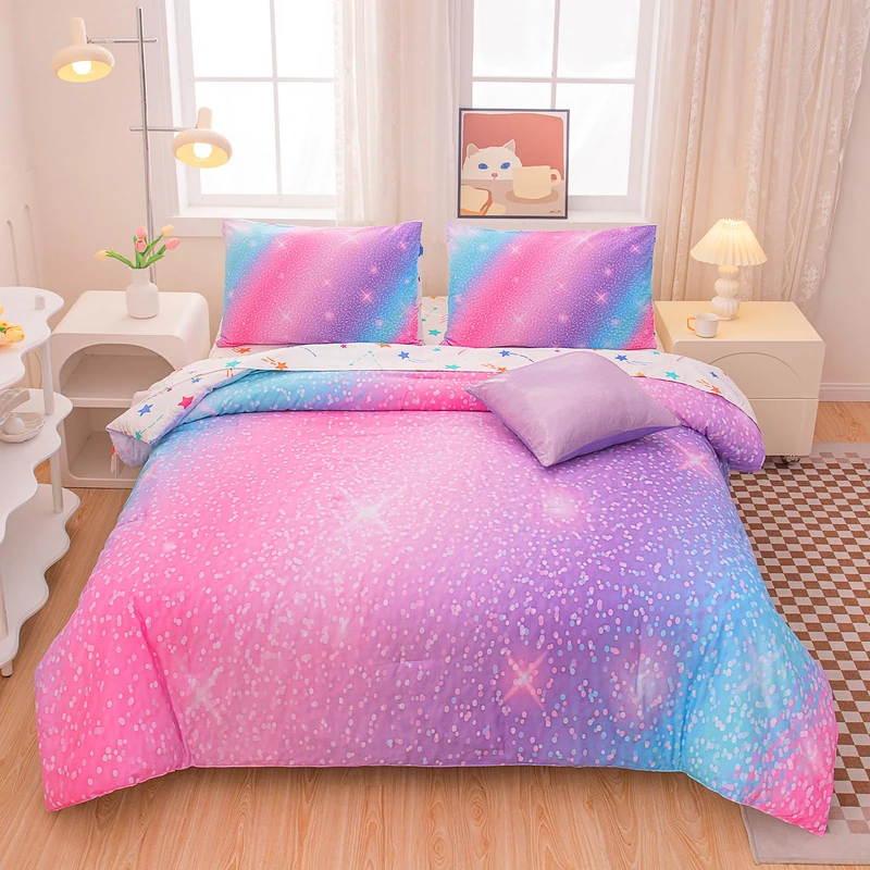 Girls Twin Bedding Set Galaxy Comforter Set 6 Pieces, Twin Bedding Sets for Girls Glitter Kids Twin Comforter, Rainbow Comforter Twin Bed Sheets and Comforter Set