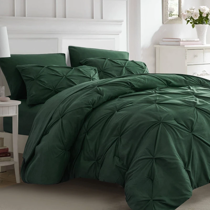 Ubauba Dark Green Comforter Set Queen-Pintuck Bed in a Bag 7 Piece All Season Bedding Set with Comforters, Sheets, Pillowcases & Shams,(Green,Queen)