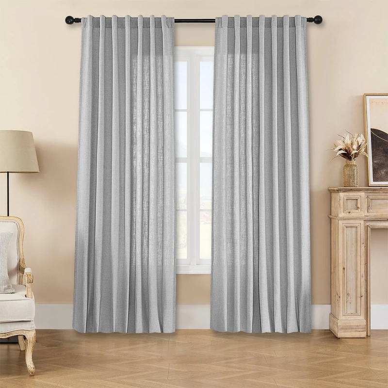 Joydeco Linen Curtains for Living Room,Light Filtering Rod Pocket Back Tab Semi Sheer Drapes Window Long Curtains 90 inches Long Ebony Grey
