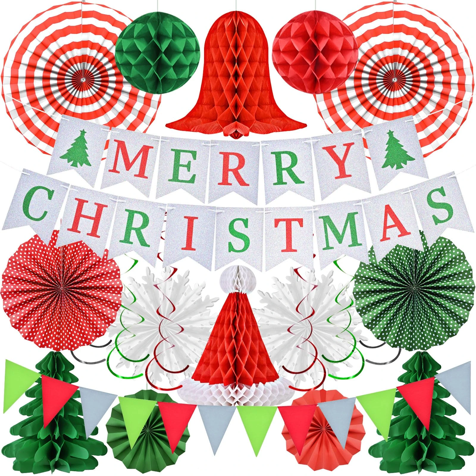 AhfuLife Christmas Decorations Party Banner Set, Reusable Merry Christmas Paper Banner Indoor Decoration for Home, Xmas Bunting Hanging Honeycomb for Xmas Party Decorations