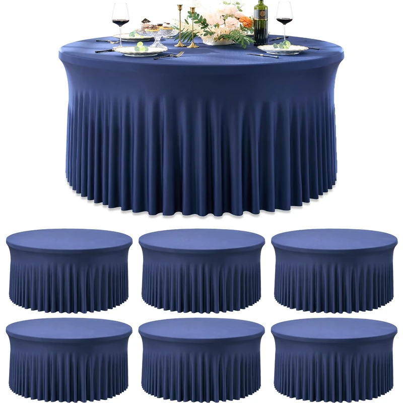 Htper 6 Pack Navy Blue Round Spandex Tablecloths for 60 inch Table, Wrinkle Free Stretchy 120inch Fitted 5FT Round Table Cloths Cover with Skirt for Wedding Birthday Party Dining Banquet Events
