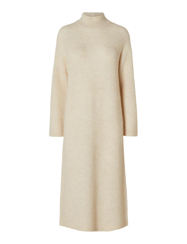 SELECTED FEMME Women's Slfmaline Ls Knit Dress High Neck Noos, Beige, S