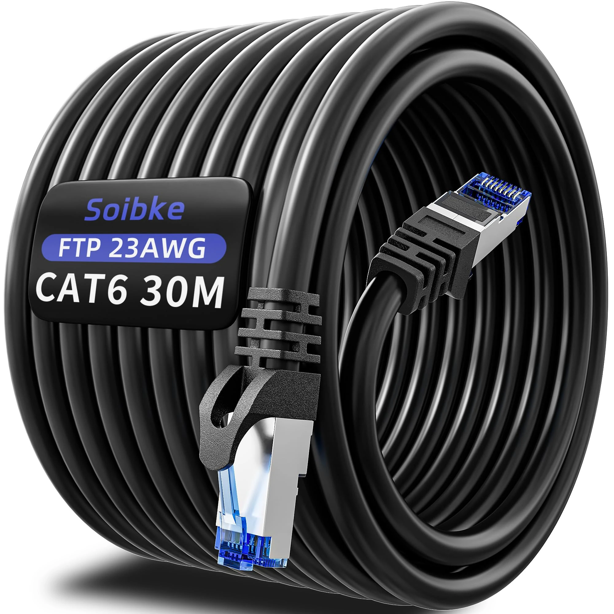 Soibke Ethernet Cable 30m, Cat 6 Internet Cable 30m, Network Cable FTP Shielded Patch Cable High Speed Gigabit 1000Mbps LAN Cable Weatherproof 23AWG Black Wlan Wifi Cable for Router Modem