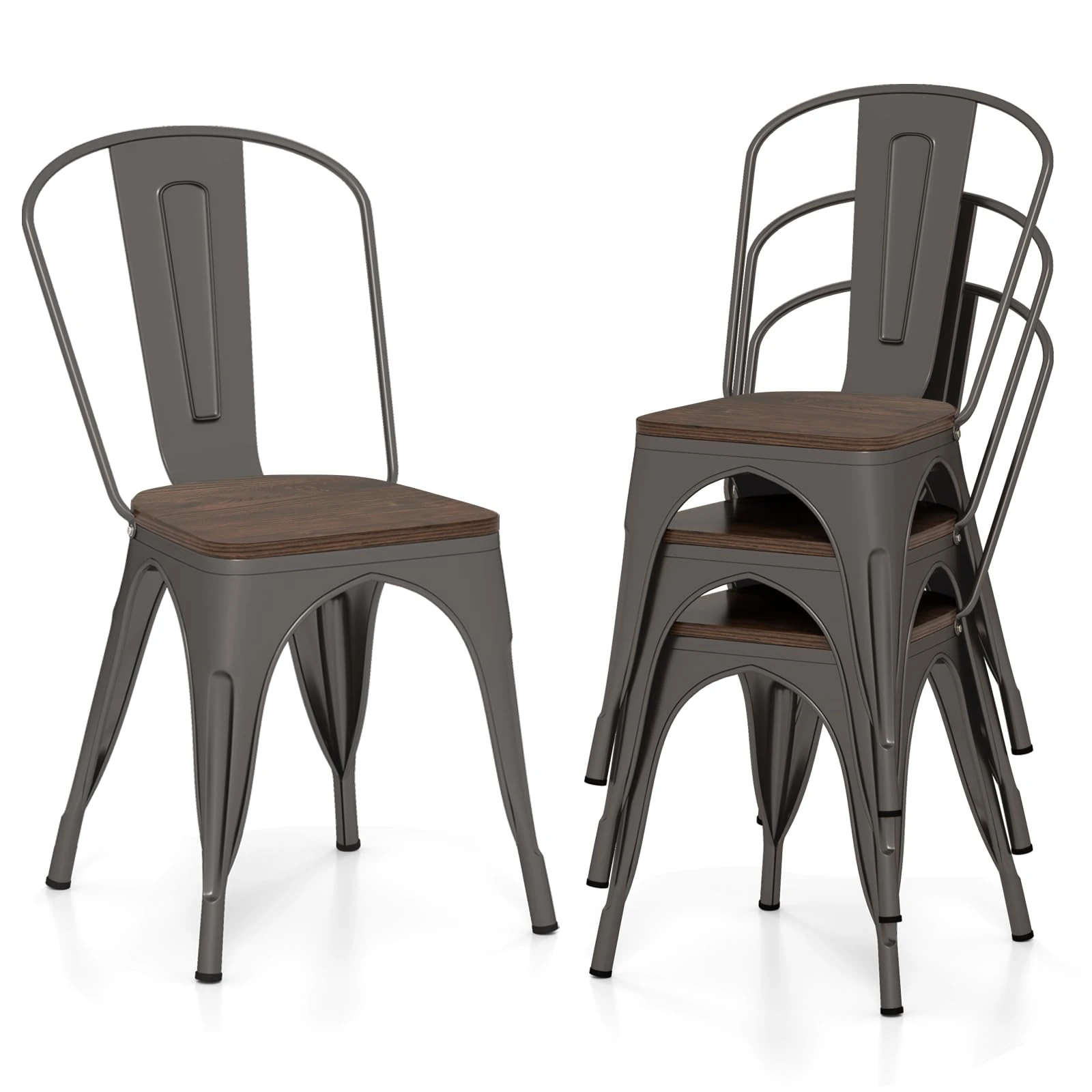 COSTWAY Set of 4 Stackable Dining Chairs, Metal Stacking Side Chairs with Elm Wood/Hollowed Iron Seat & Backrest, Industrial Tolix Chairs for Kitchen Dining Room Bar Bistro (Gun, Elm Wood Seat)