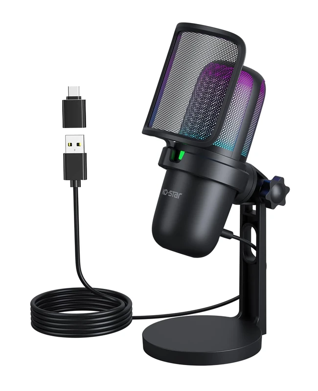 Ko-Star USB Gaming Mic for PC, PS4/PS5, Mac: Condenser Mic with Quick Mute, RGB Light, Pop Filter, Shock Mount for Recording, Streaming, Podcasting, YouTube (Black)