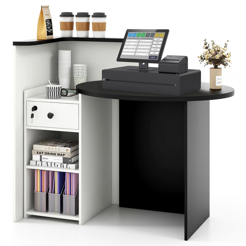 CASART Reception Desk, Cashier Counter Desk with Adjustable Shelf & Lockable Drawer, Modern Retail Counter Workstation for Salon Clothing Store Restaurant (Black+White) - Image 1