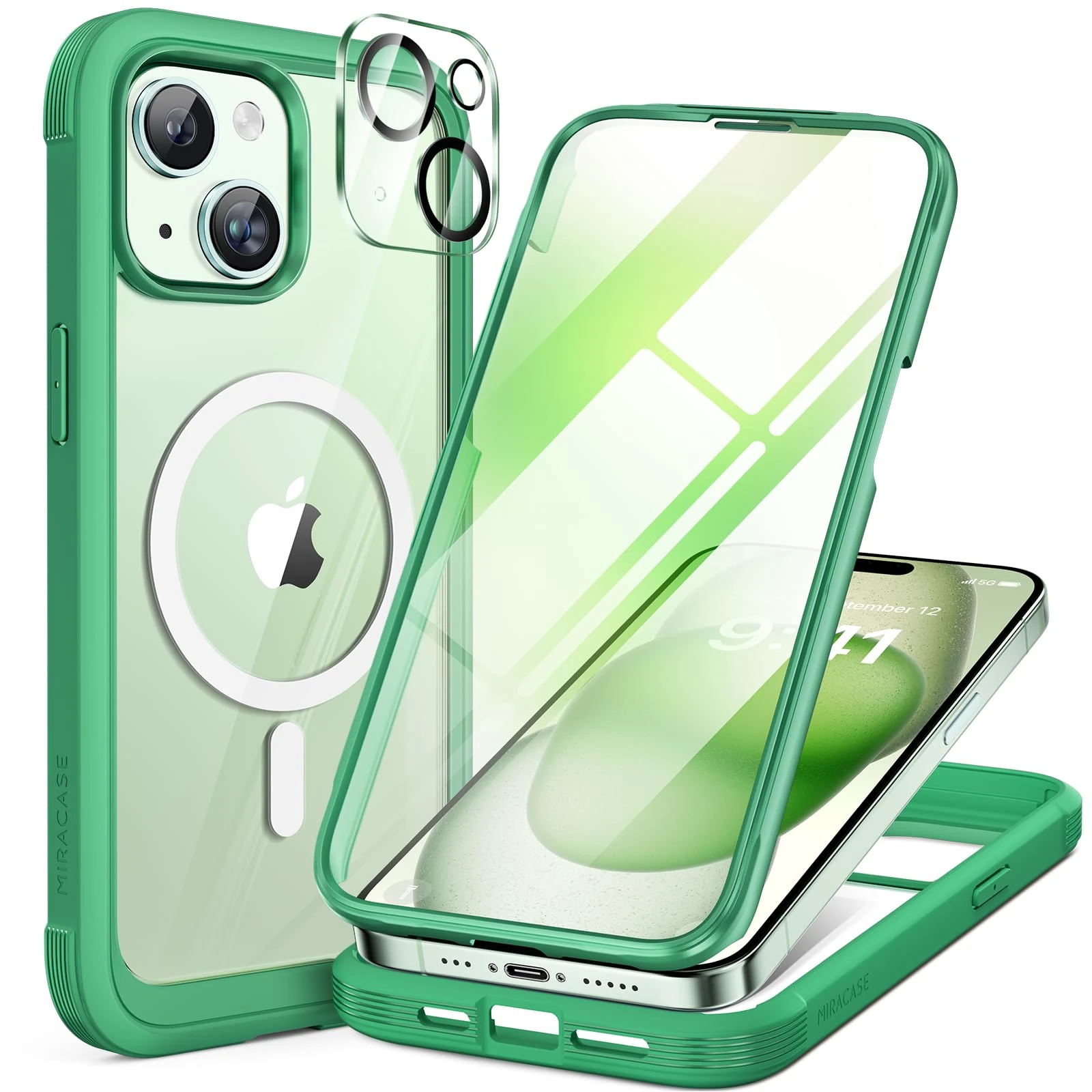 Miracase Magnetic Case for iPhone 15 Plus Case 6.7-Inch, Full Body Bumper Case Compatible with MagSafe and Built-in 9H Tempered Glass Screen Protector + Camera Lens Protector (Spearmint Green)