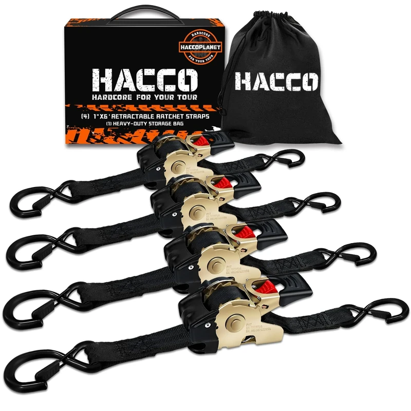 Haccoplanet 4Pk Retractable Ratchet Tie Down Straps 1" - 1500lbs Max Break Strength Autoretract Tie Downs with Coated S-Hooks for Motorcycles Cargo (6FT-4PK)