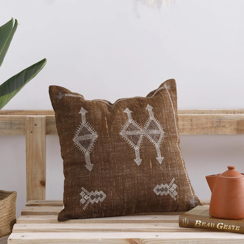 Labhanshi Brown Color Cactus Silk Pillow, Rustic Throw Pillow, Embroidered Cushion Cover, Linen Cushion, Handmade Sabra Moroccan Decor Pillow 20x20