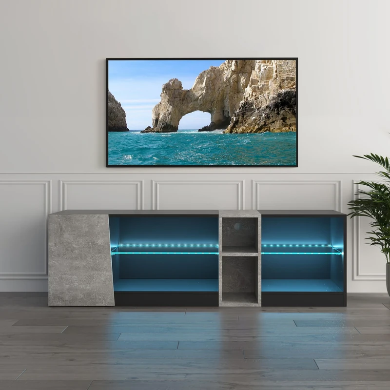 Mondeer TV Unit, TV Stand Cabinet with Led Lights 5 Open Compartments and 1 Door, for 55inch TVs, for Living Room and Bedroom, W140 x H45 x D37.5 cm, Black and Grey