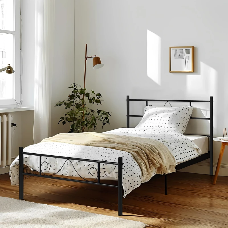 HOMYLIN Single bed metal frame simple modern iron bed,metal bed for teenagers/adults, suitable for bedroom, student dormitory and other multiple scenes, with arc simple lines, Black