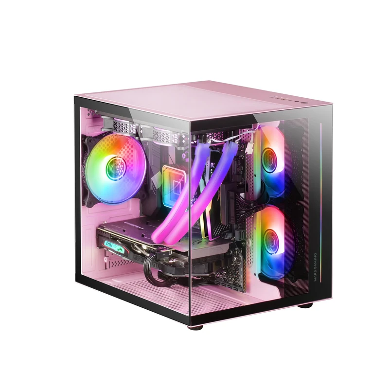 Mars Gaming MC-VIEW Pink, Micro-ATX Mini Gaming Tower Case, Frameless 90° Tempered Glass, Modular Dual-Chamber Frame, Full Liquid Cooling Support