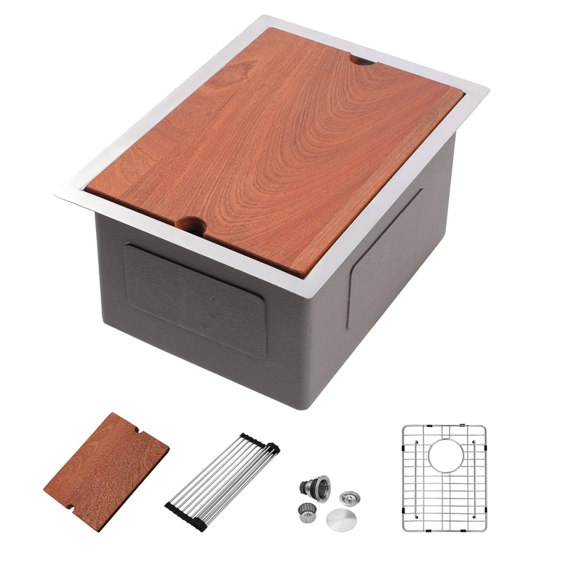 Dcolora 17 in. Undermount Bar Sink Single Bowl Workstation, Round Corner Stainless Steel Prep Sink for RV Camper, 16 Gauge, 17"x19"x10" #DC-U7735