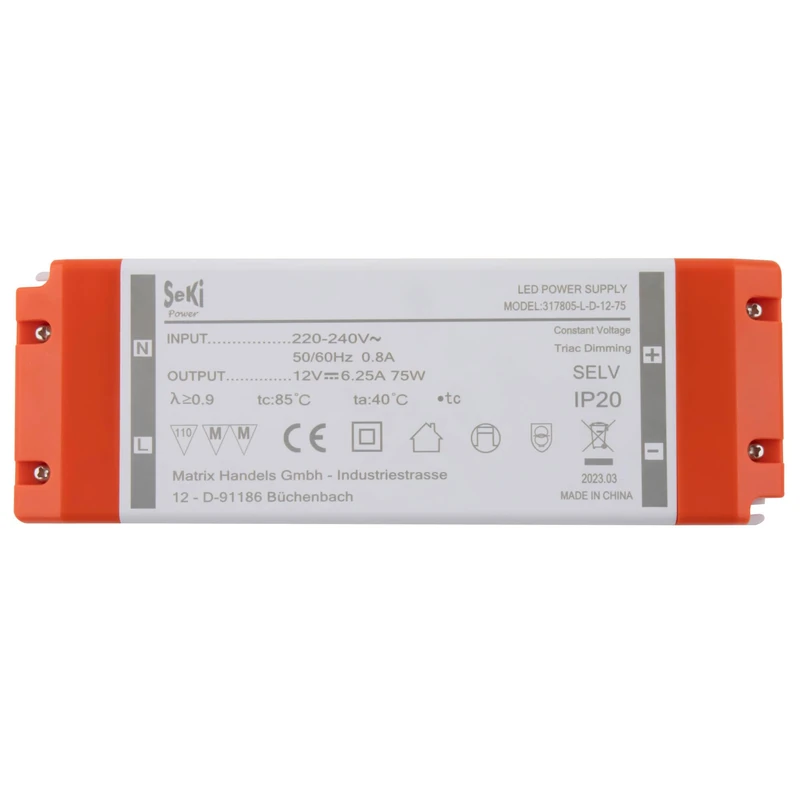 SeKi 12V DC 75W 6.25A Constant Voltage LED Driver TRIAC Dimmable, Transformer, Switching Power Supply; No Minimum Load, No Noise/LED Flicker, MM Approval