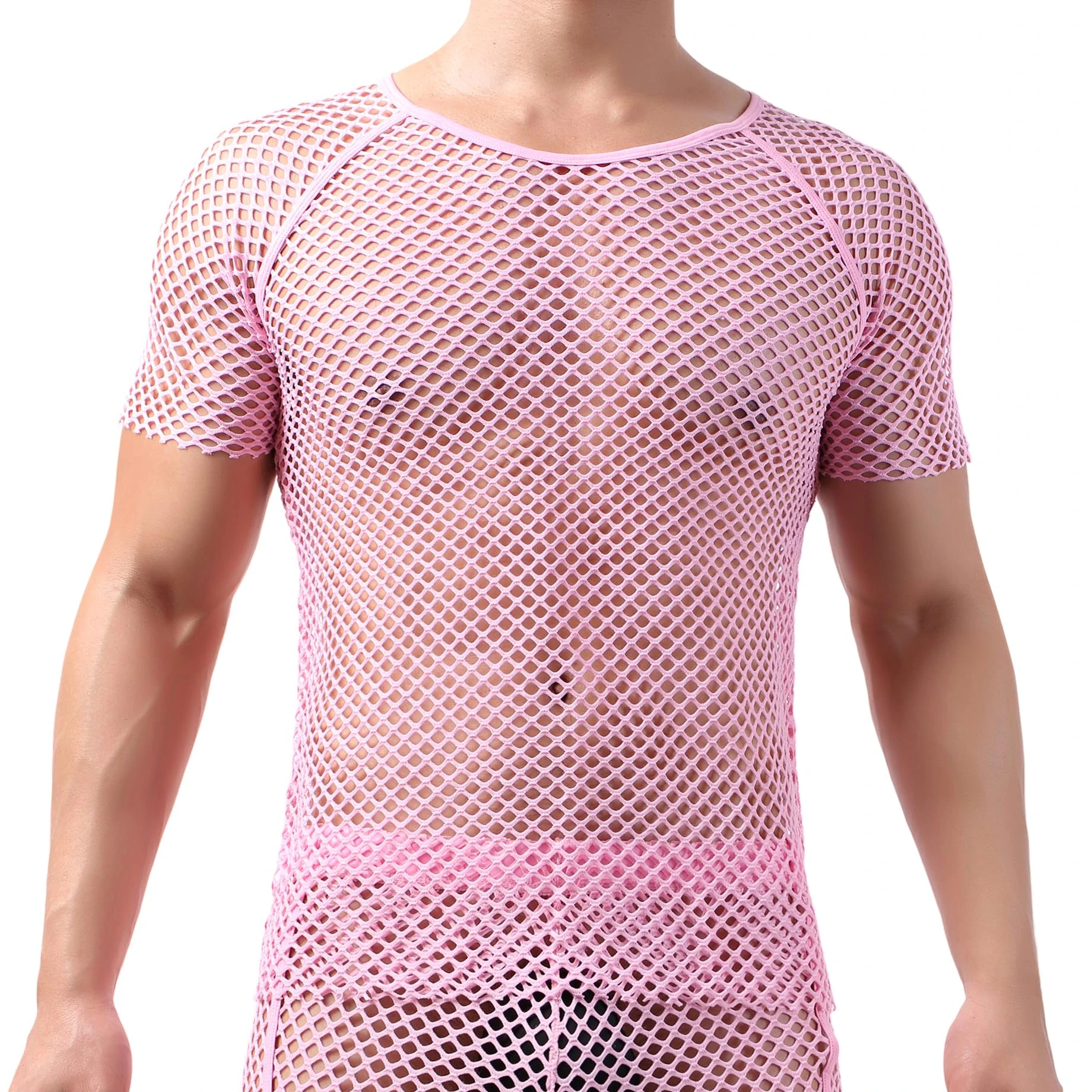 Drelaar Men's Novelty Fishnet Crewneck Short Sleeve T-Shirt Sexy Muscle Undershirt Large Pink