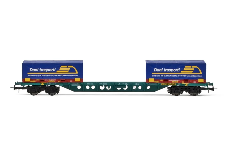 Rivarossi HR6616 FS CEMAT, container wagon type Sgns, green livery, with 2 x 20' coil container Dani Trasporti, ep. V-VI 1:87 Scale HO Gauge