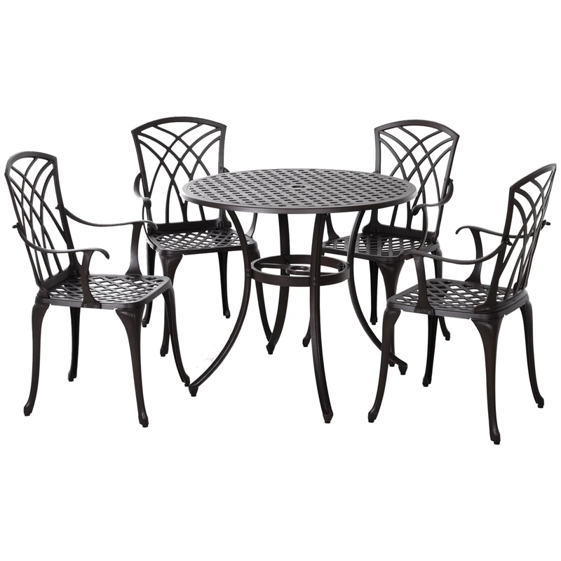Outsunny 5 Pieces Garden Dining Set for 4, Cast Aluminium Outdoor Dining Set with 4 Armchairs and Round Dining Table with Parasol Hole, Garden Furniture Bistro Set, Brown