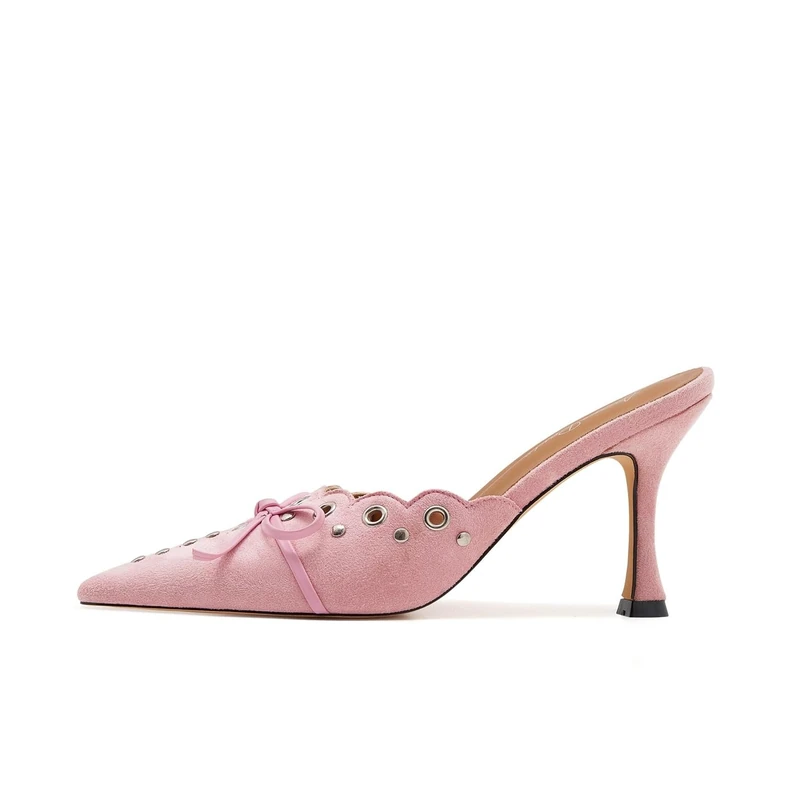 ATBELL Kitten Heel Mules for Women Bow Tie Suede Stiletto Heels Mule Pointed Toe Studs Slide Heeled Sandal Pumps for Wedding Dress Party, Pink, 4.5 UK