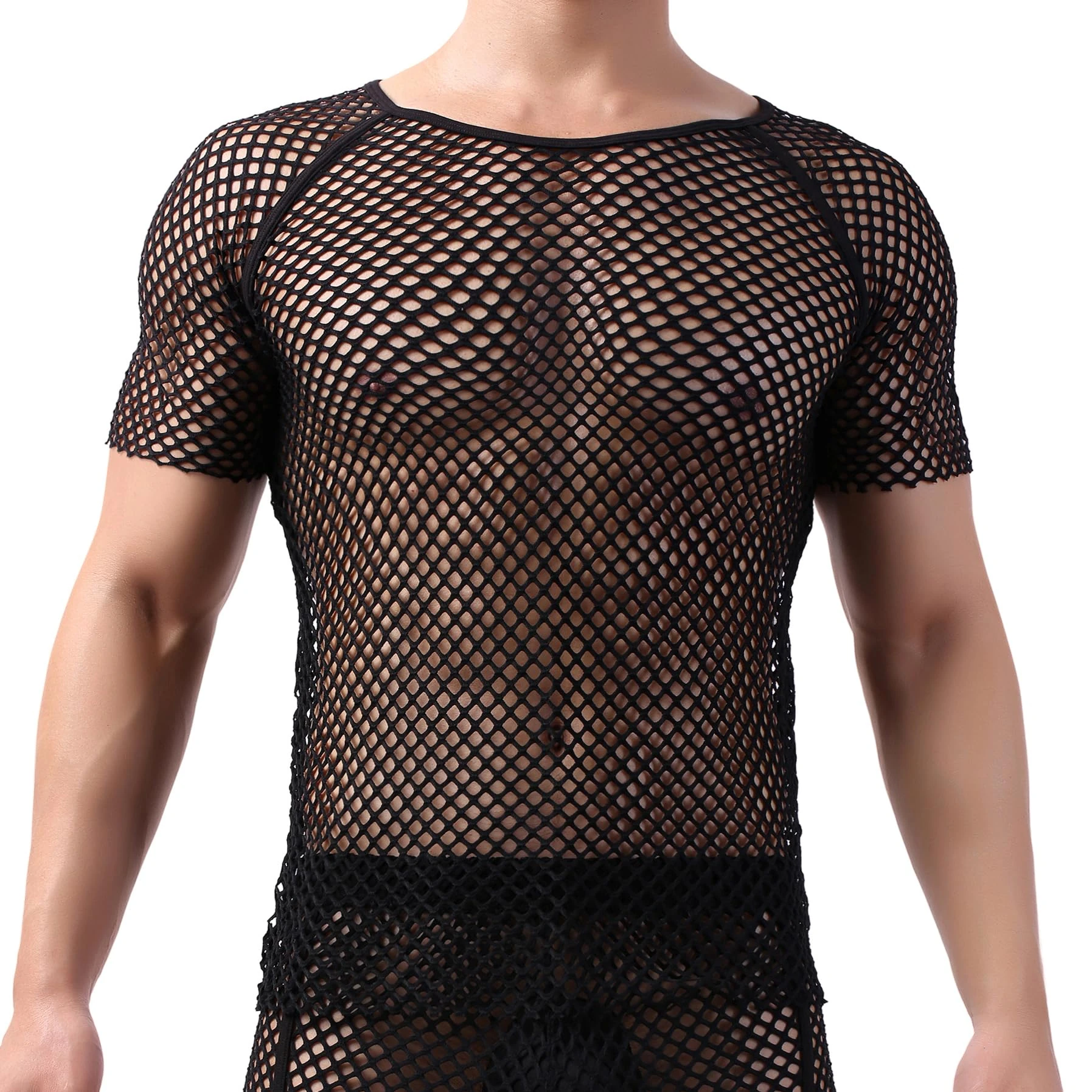 Drelaar Men's Novelty Fishnet Crewneck Short Sleeve T-shirt Sexy Muscle Undershirt Large Black